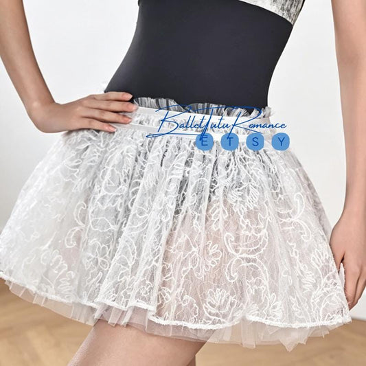 Ballet Lace Tutu Skirt for Women, Tulle Dance Skirt, Practice & Performance, Elastic Waist Short