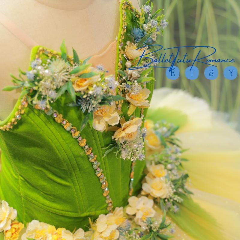 Handmade Green Yellow Floral Tutu: Custom Fairy Ballet Costume for Adults & Kids, Aurora/Nutcracker