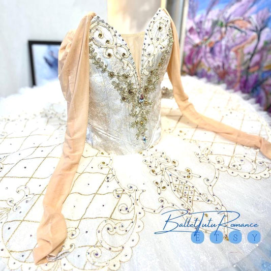 White Gold Ballet Tutu Sleeve: Custom Paquita Stage Costume for Adult & Child Dancers