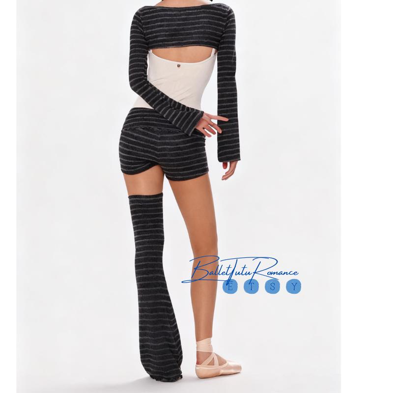 Striped Knit Dance Set, 3-Piece Warm Dancewear, Arm Sleeves & Leg Warmers, Dance Practice Wear