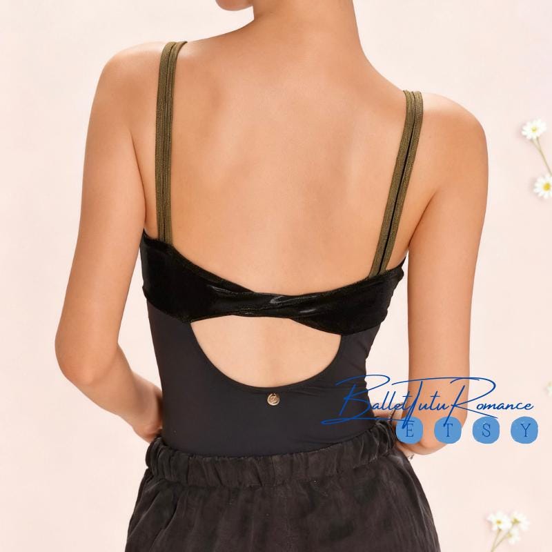 Wide-Strap Velvet Ballet Leotard + Double-Layer Tulle Skirt: Black/Olive Green Adult Dance Practice Wear