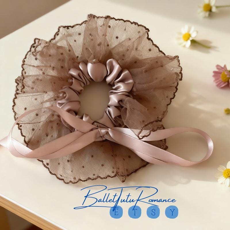 Ballet Style Polka Dot Lace Tulle Scrunchie ,handmade Hair Accessory for Girls Hair Tie