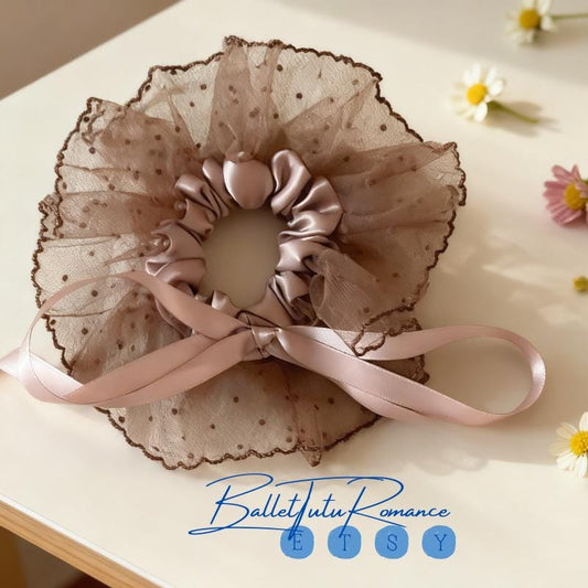 Ballet Style Polka Dot Lace Tulle Scrunchie ,handmade Hair Accessory for Girls Hair Tie