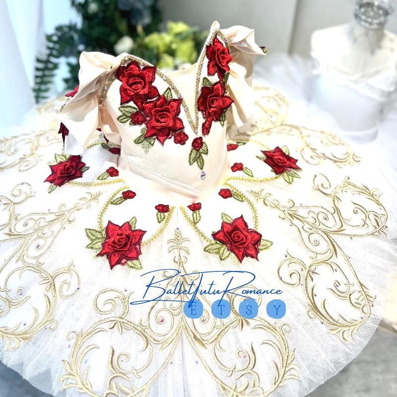 Handmade Red Rose Embroidered Ballet Tutu | Custom Professional Competition Costume