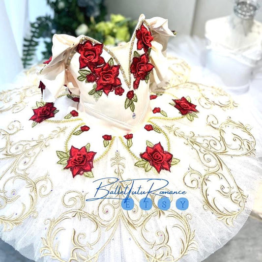 Handmade Red Rose Embroidered Ballet Tutu | Custom Professional Competition Costume