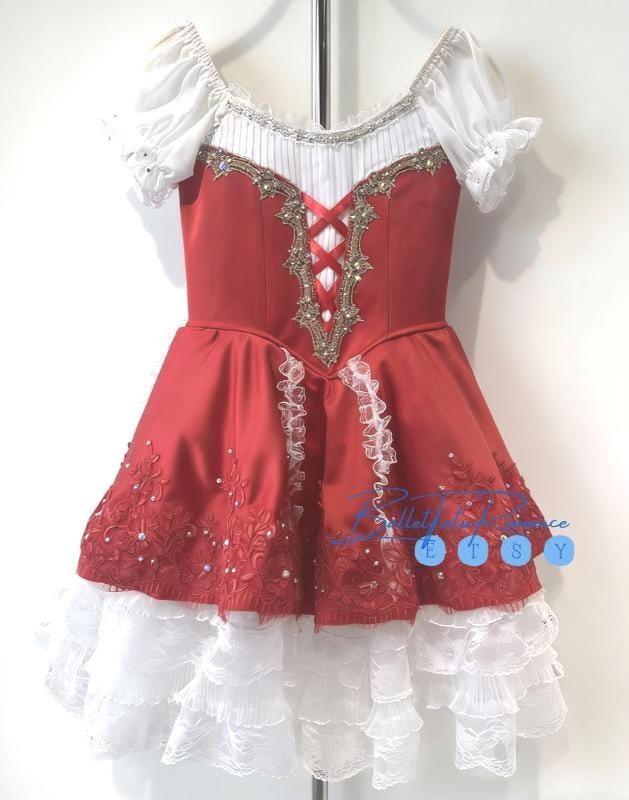 Custom White/Red Long Ballet Tutu,Blue Bow Coppelia Giselle Costume, Kids/Adult Competition