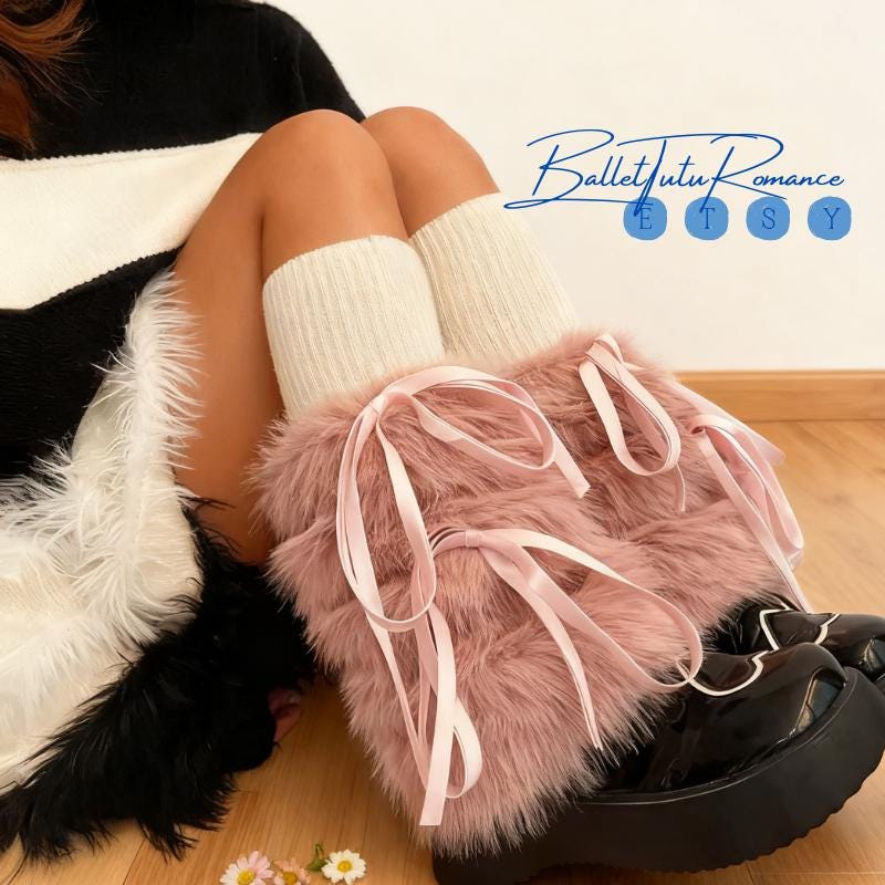 Faux Fur Leg Warmers, Y2K Style Bow Tie Straps, Warm Winter Socks