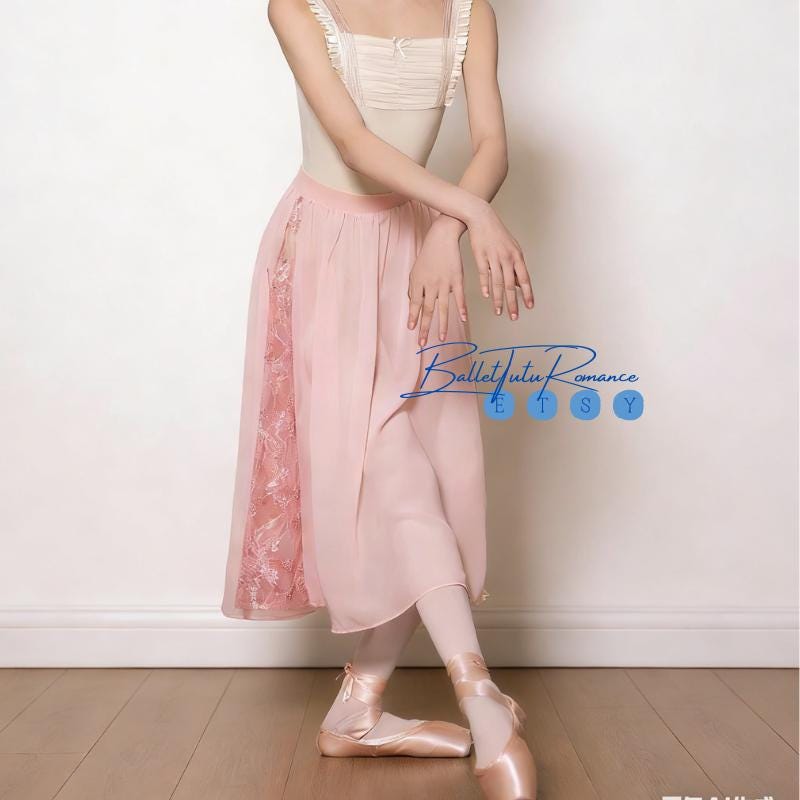 Girls Ballet Practice Skirt, Blush Chiffon with Floral Lace Side Panel, Child Ballet