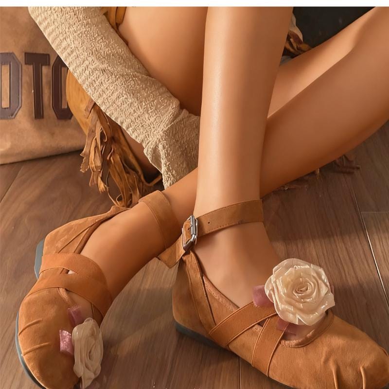 Ballerinas with Satin Rose Accent, Ankle Ribbon Ties Strap Ballet Flats,Mary Jane