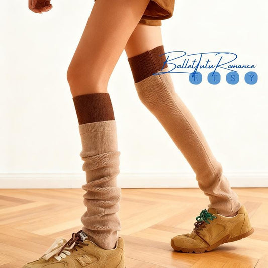 Two-Tone Knitted Over-the-Knee Leg Warmers, Sporty Rich Stacked Warm Leg Cuffs Average Size Trendy