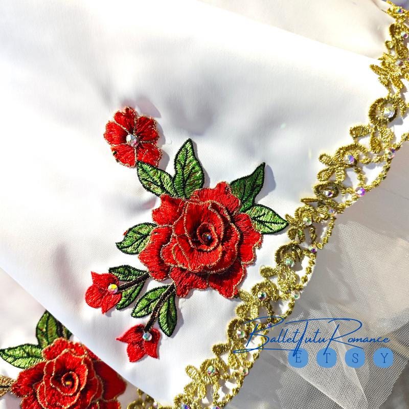 Custom Red Rose Embroidered Long Ballet Tutu Dress | Professional Repertoire Stage Costume