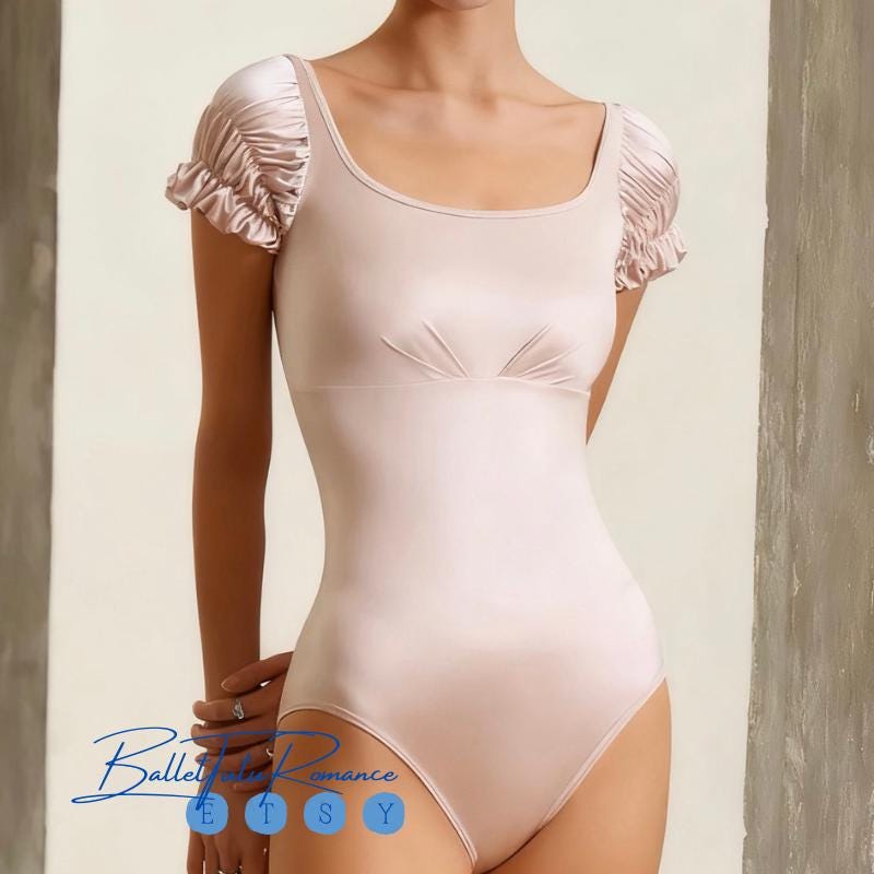 Ballet Bodysuit with Puff Sleeves,  One-Piece Dancewear in Blue/Pink, Leotard Unitard for Ballet