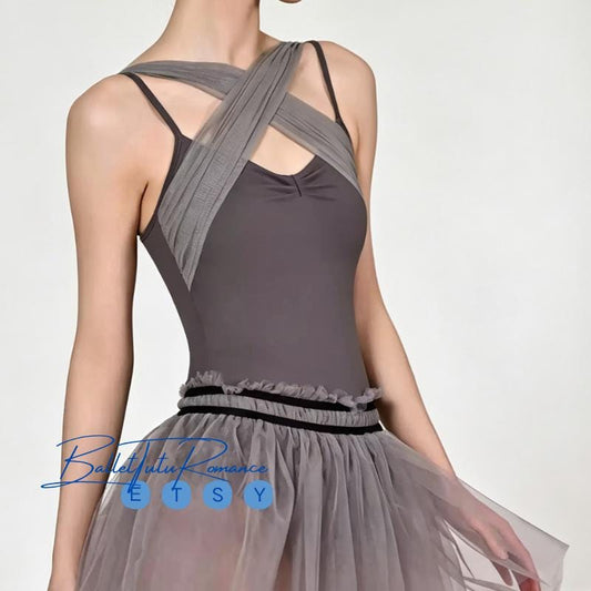 Open Back Ballet Leotard with Mesh Cross Straps, Built-in Bra, Breathable Dancewear