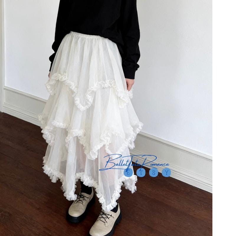 Black & White Ruffled Tulle Skirt,Ballet Style Custom Midi Skirt