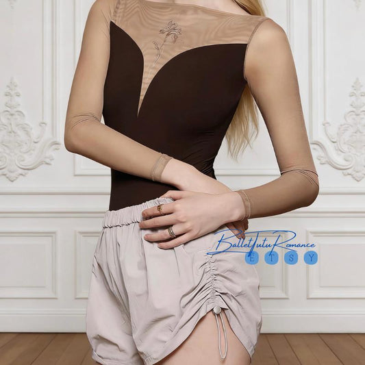 Brown Floral Print Mesh Ballet Leotard: Adult Women's Body Shaping Dance Bodysuit, Practice/Yoga