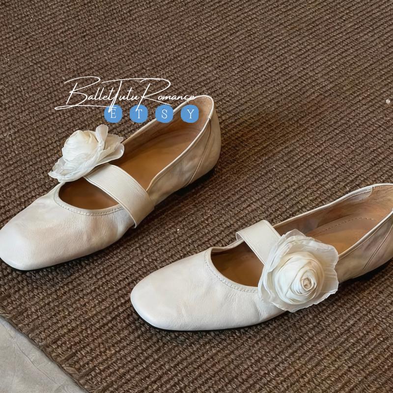Lambskin Mary Jane Ballet Flats, Handmade Custom High-End Style Shoes with Floral