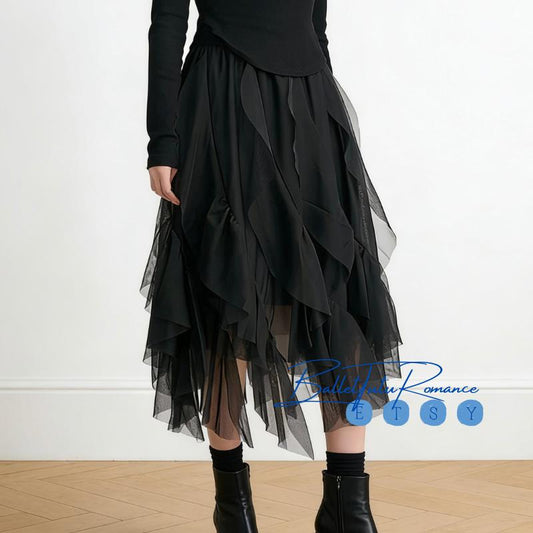 Balletcore Asymmetric Ruffled Tulle Skirt, Pink & Black Irregular Midi Skirt