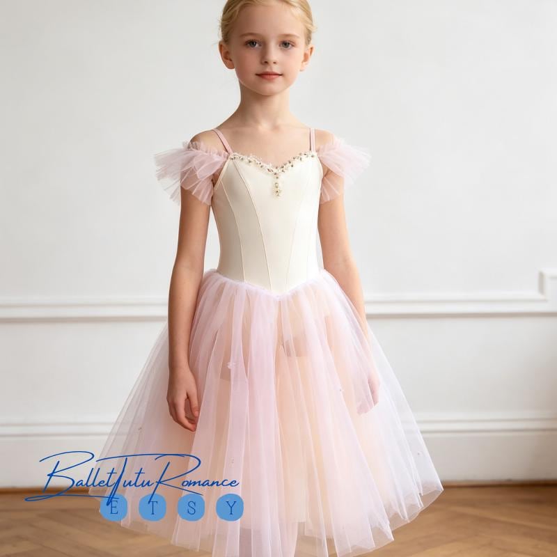 Custom Kids Performance Ballet Tutu Dress, Floral Off-Shoulder Tulle Skirt for Kids Recitals & Competitions