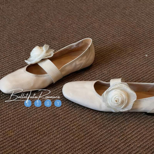 Lambskin Mary Jane Ballet Flats, Handmade Custom High-End Style Shoes with Floral