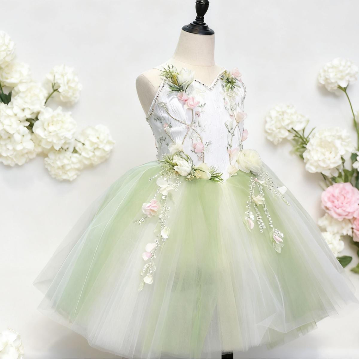 Green Tulle Ballet Tutu: Floral Embroidery & Sequins, Handmade Fairy Princess Dress,Aurora/Nutcracker
