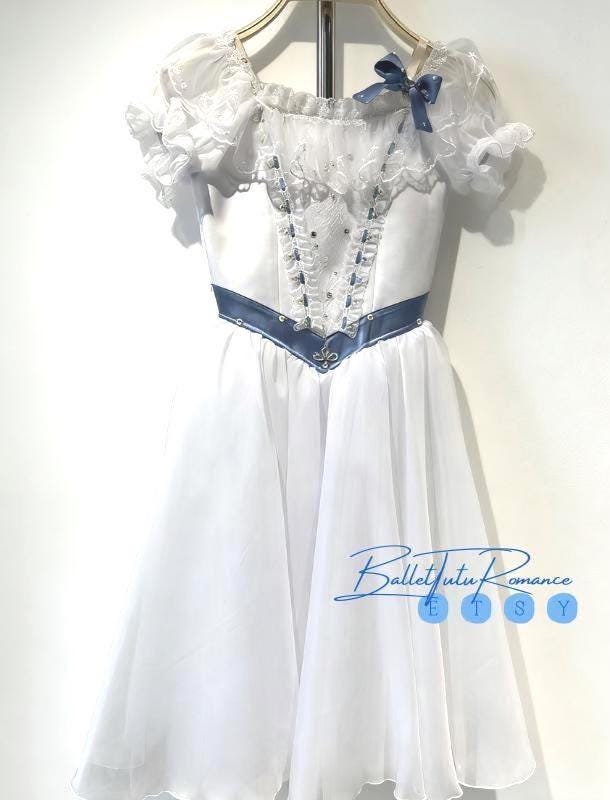 Custom White/Red Long Ballet Tutu,Blue Bow Coppelia Giselle Costume, Kids/Adult Competition