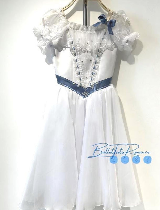 Custom White/Red Long Ballet Tutu,Blue Bow Coppelia Giselle Costume, Kids/Adult Competition