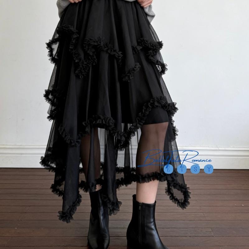 Black & White Ruffled Tulle Skirt,Ballet Style Custom Midi Skirt