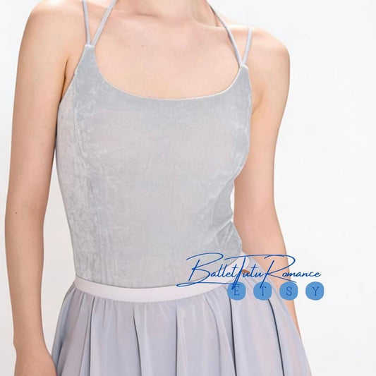 Light Blue Velvet Halter Neck Ballet Leotard: Luxury Adult Dancewear, Fit for Ballet & Contemporary