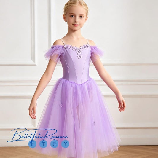Custom Kids Performance Ballet Tutu Dress, Floral Off-Shoulder Tulle Skirt for Kids Recitals & Competitions
