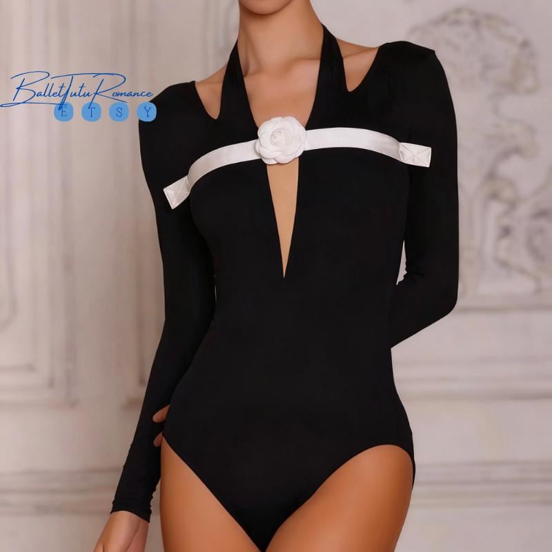 Black Ballet Leotard with White Rose, Adult Ballet Dance Unitard, One-Piece Bodysuit