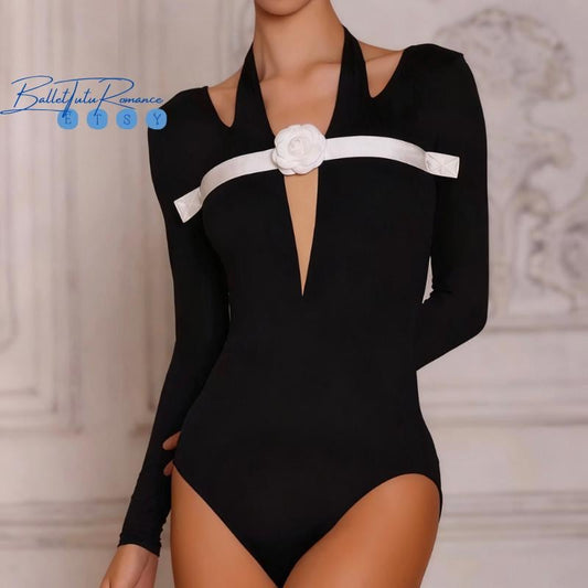 Black Ballet Leotard with White Rose, Adult Ballet Dance Unitard, One-Piece Bodysuit