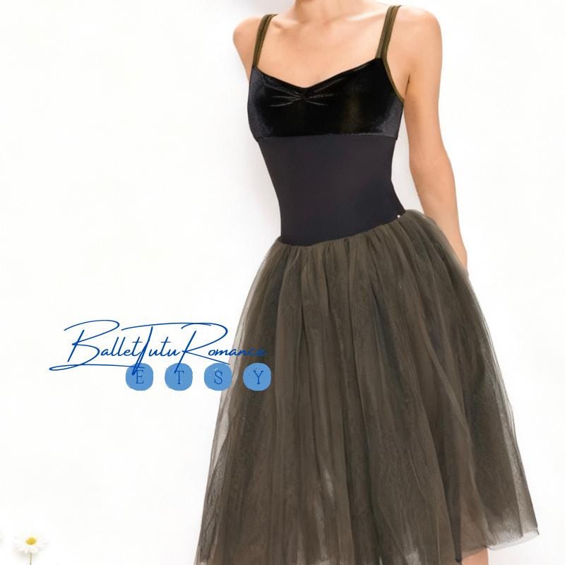 Wide-Strap Velvet Ballet Leotard + Double-Layer Tulle Skirt: Black/Olive Green Adult Dance Practice Wear