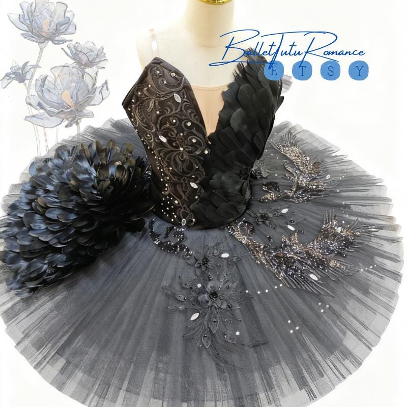 Custom Black Feather Embellished Luxury Ballet Tutu, Adult/Child Black Swan, Nutcracker Costume