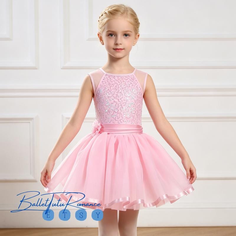 Custom Pink Kids' Ballet Tutu Dress, Sequin Tulle Sleeveless Costume for Girls Recitals & Parties