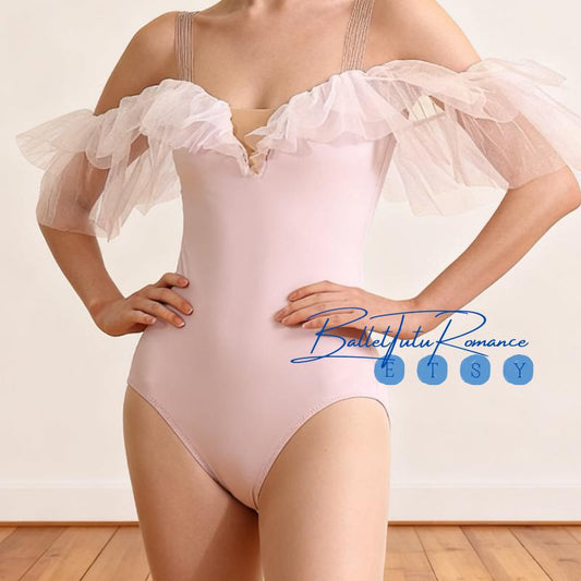 Sheer Tulle Ruffle Dance Leotard: Blush Pink Adult Ballet Bodysuit for Dance Classes & Performances