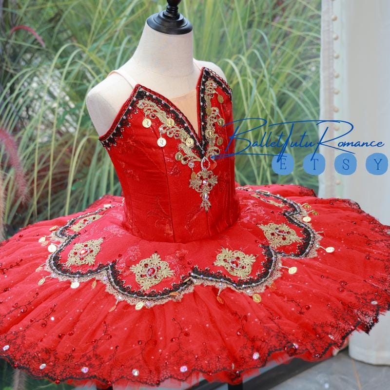 Luxury Handmade Red Embroidered Ballet Tutu, Custom Adult & Child Ballerina Costume for Performances