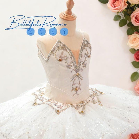 Luxury White Gold Embellished Ballet Tutu, Custom Adult Child High-end Ballet Costume