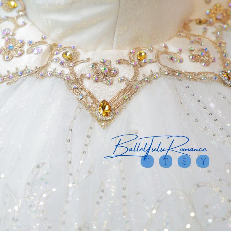High-End Custom White Ballet Tutu, Gold Pearl Embellished Adult Child Ballet Performance Costume