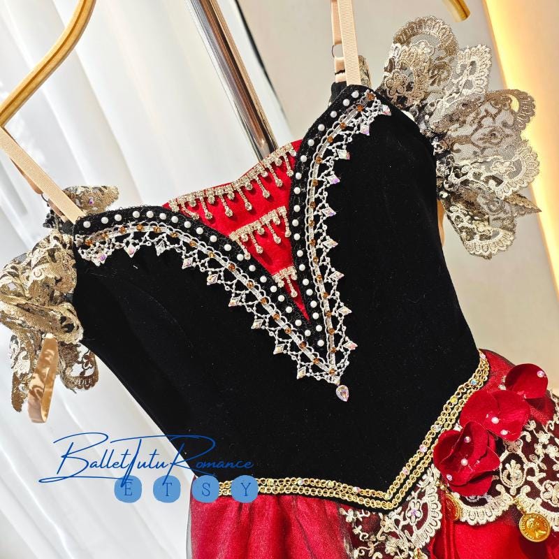 Custom Kitri Ballet Tutu: Red & Black Long Romantic Dress, Customizable for Don Quixote