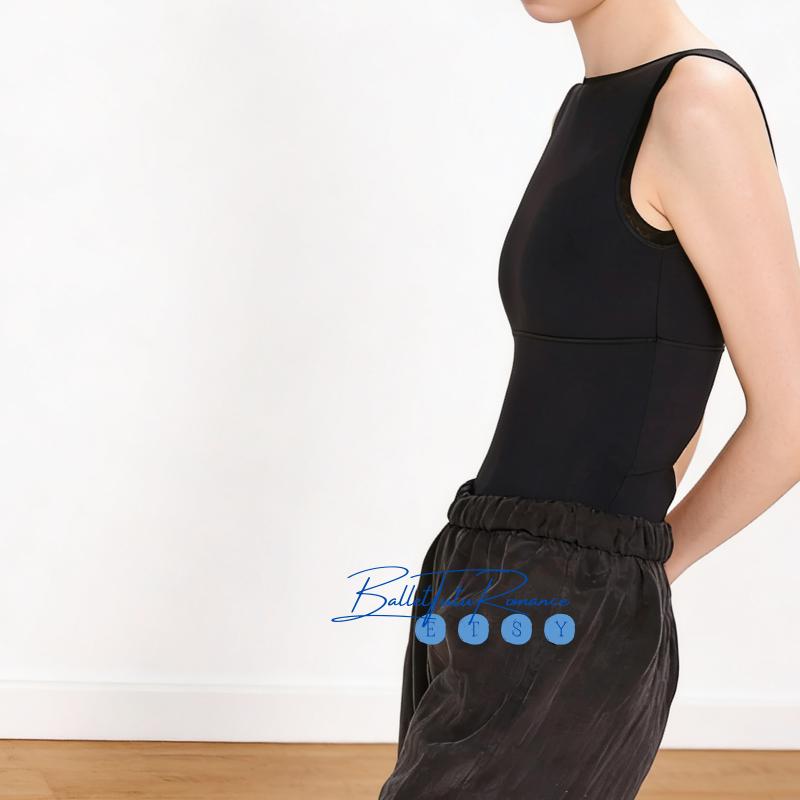 Adult Black Ballet Leotard: Square Neck, Open Back Ballet Bodysuit for Rehearsal