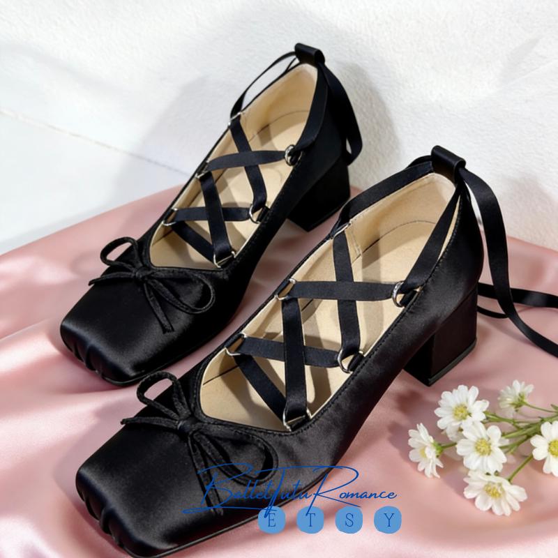 Mary Jane Block Heels with Ballet Ankle Ribbon Ties, Bow Ballerina Heels, Daily Wear