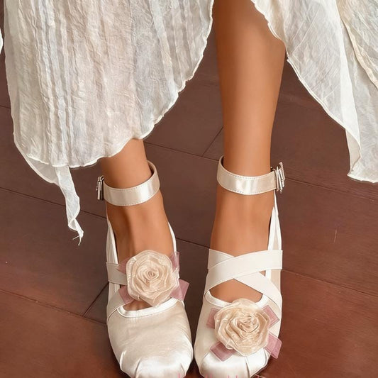 Ballerinas with Satin Rose Accent, Ankle Ribbon Ties Strap Ballet Flats,Mary Jane