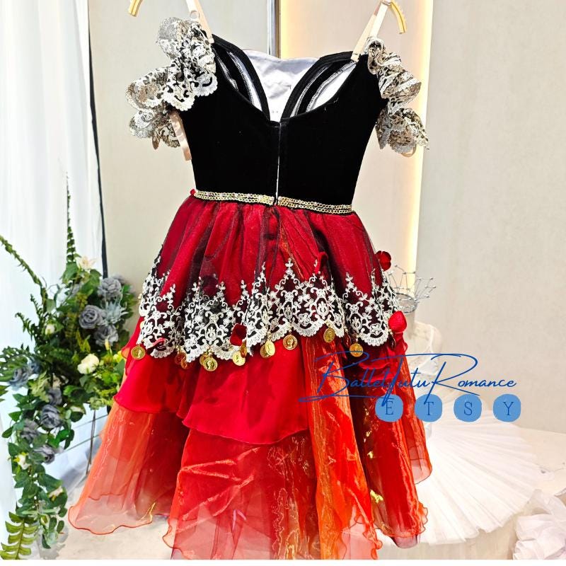 Custom Kitri Ballet Tutu: Red & Black Long Romantic Dress, Customizable for Don Quixote
