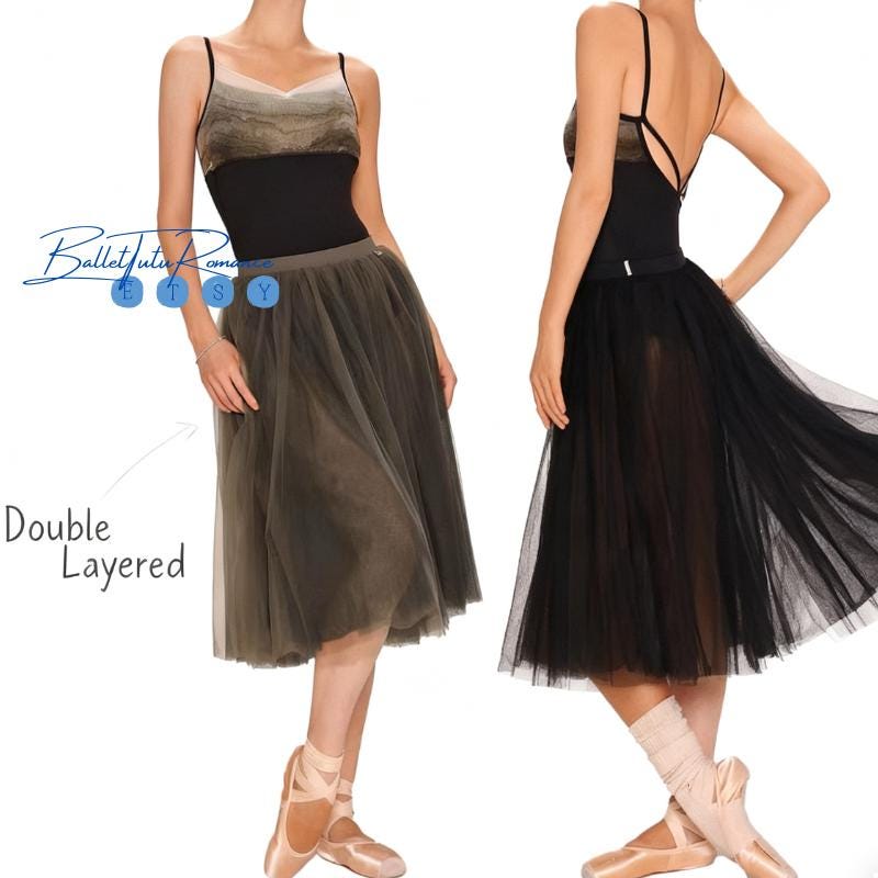 Wide-Strap Velvet Ballet Leotard + Double-Layer Tulle Skirt: Black/Olive Green Adult Dance Practice Wear