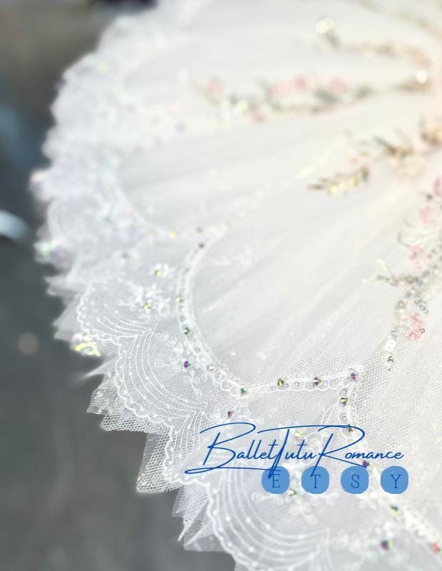 Custom Luxury White Floral Beaded Ballet Tutu: Professional Competition Costume, Adult & Child, Nutcracker/Aurora