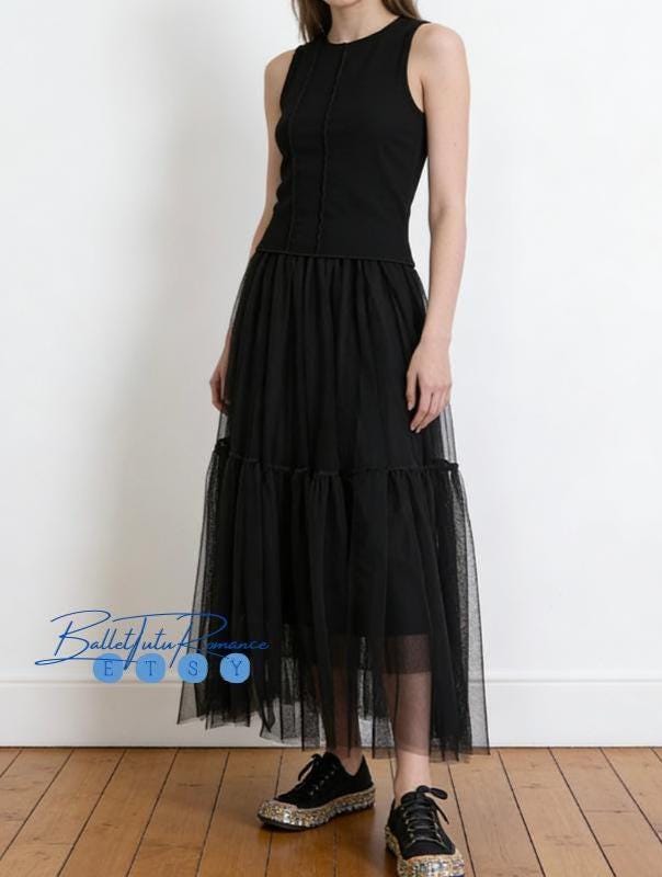 Lightweight Black Tiered Tulle Skirt, Custom Balletcore Midi Skirt for Women