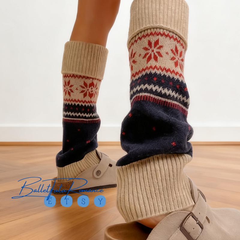 Christmas Leg Warmers, Snowflake Knit Winter Slouchy Socks Warmer Fair Isle
