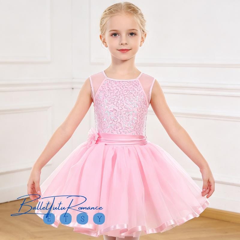 Custom Pink Kids' Ballet Tutu Dress, Sequin Tulle Sleeveless Costume for Girls Recitals & Parties