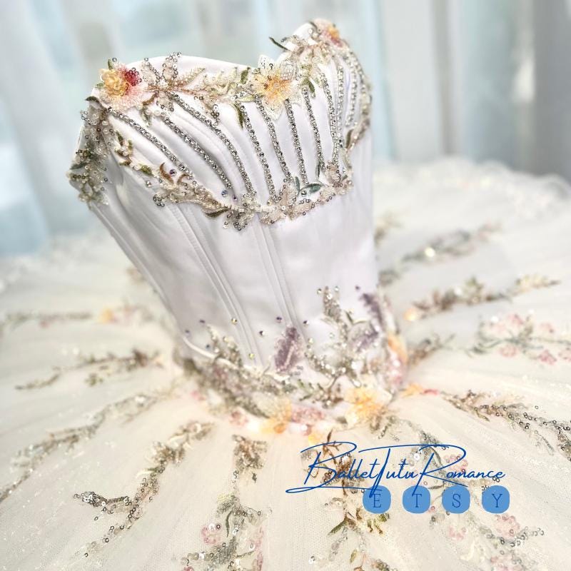 Custom Luxury White Floral Beaded Ballet Tutu: Professional Competition Costume, Adult & Child, Nutcracker/Aurora
