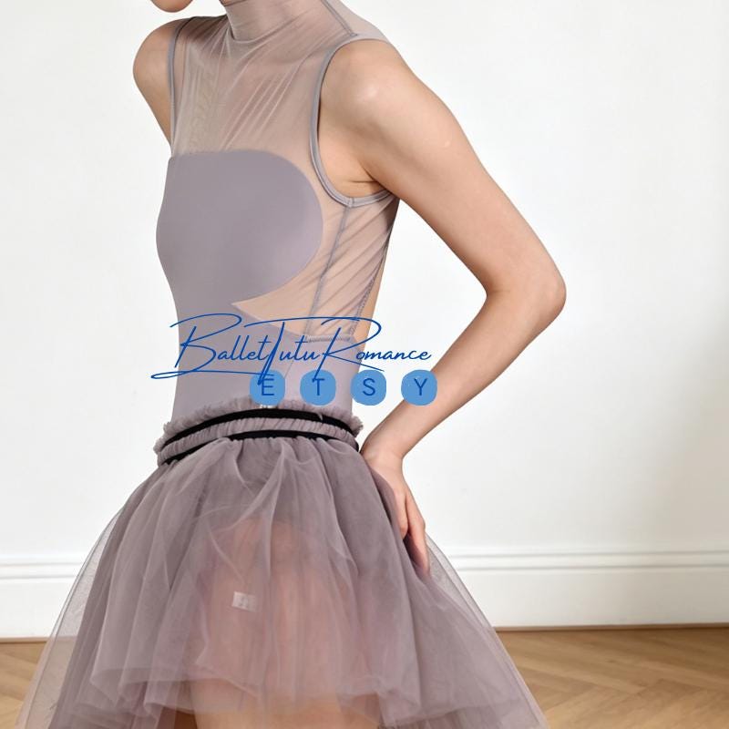 Purple Ballet Leotard, High Neck Mesh Splice, Open Back Dance Bodysuit, Practice  Wear